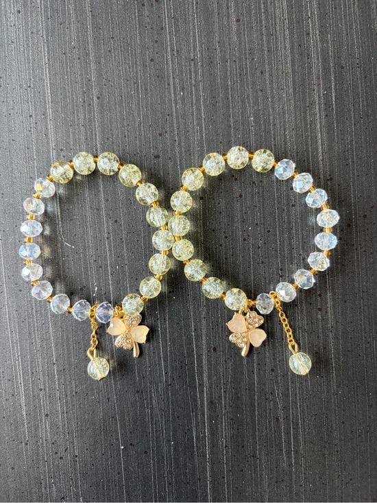 Jewelry - Gold-Tone Crystal Bead Stretch Bracelet with 4-leaf Clover Charm Set of 2